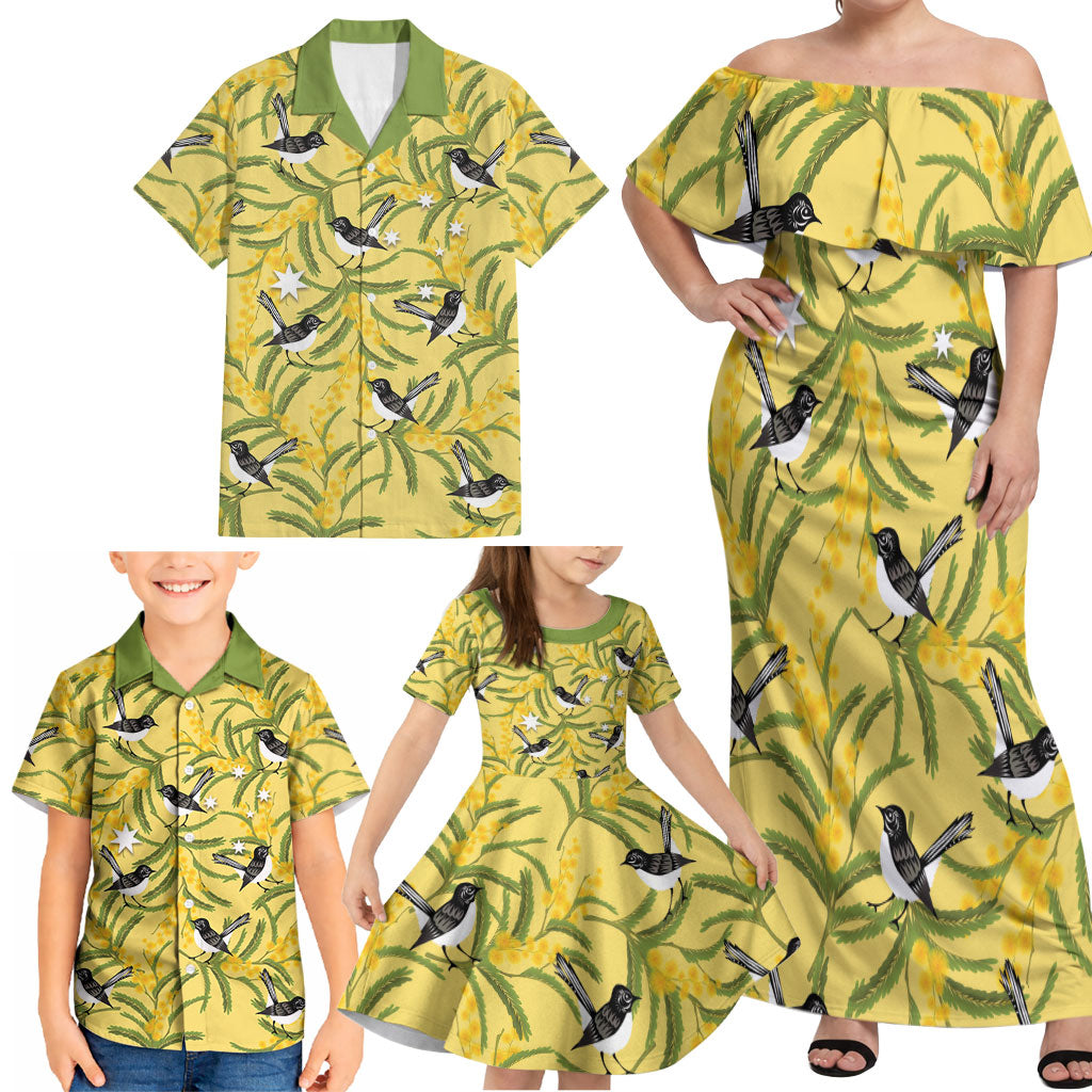 Australia Wattle Day Family Matching Off Shoulder Maxi Dress and Hawaiian Shirt Acacia Pycnantha Willie Wagtail Seamless Style