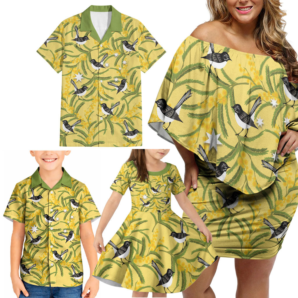 Australia Wattle Day Family Matching Off Shoulder Short Dress and Hawaiian Shirt Acacia Pycnantha Willie Wagtail Seamless Style