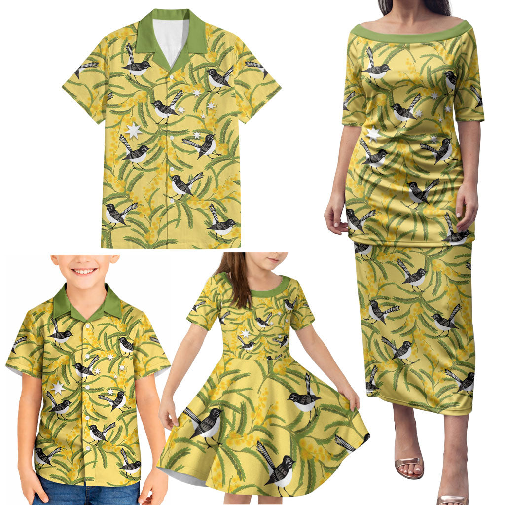 Australia Wattle Day Family Matching Puletasi and Hawaiian Shirt Acacia Pycnantha Willie Wagtail Seamless Style