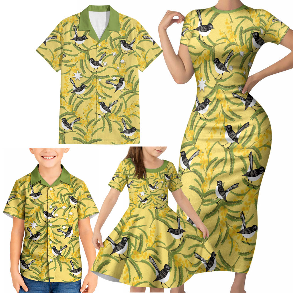 Australia Wattle Day Family Matching Short Sleeve Bodycon Dress and Hawaiian Shirt Acacia Pycnantha Willie Wagtail Seamless Style
