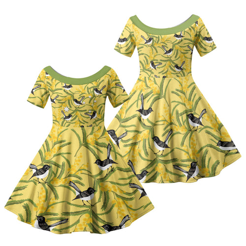 Australia Wattle Day Family Matching Summer Maxi Dress and Hawaiian Shirt Acacia Pycnantha Willie Wagtail Seamless Style
