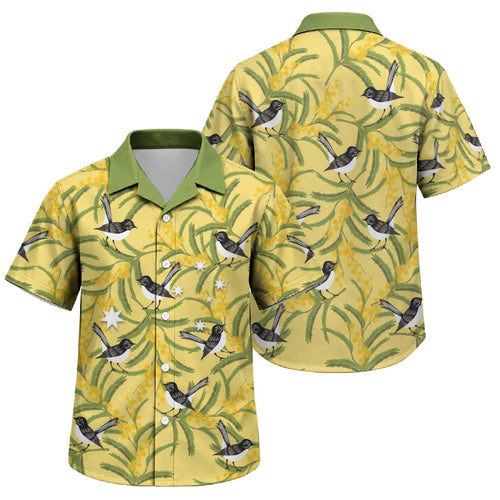 Australia Wattle Day Family Matching Summer Maxi Dress and Hawaiian Shirt Acacia Pycnantha Willie Wagtail Seamless Style