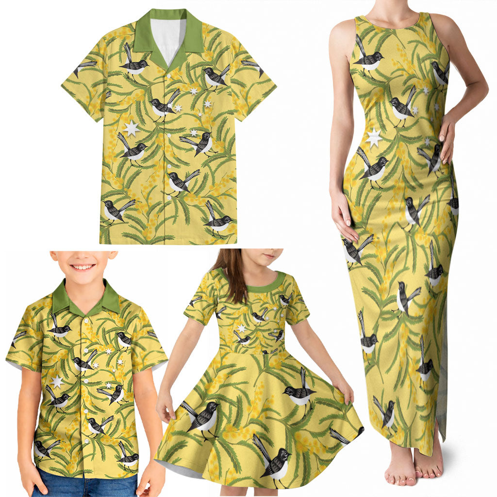 Australia Wattle Day Family Matching Tank Maxi Dress and Hawaiian Shirt Acacia Pycnantha Willie Wagtail Seamless Style