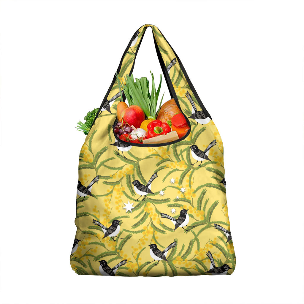 Australia Wattle Day Grocery Bag Acacia Pycnantha Willie Wagtail Seamless Style