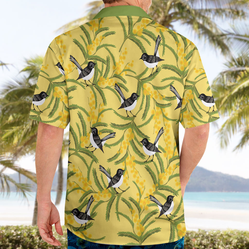 Australia Wattle Day Hawaiian Shirt Acacia Pycnantha Willie Wagtail Seamless Style