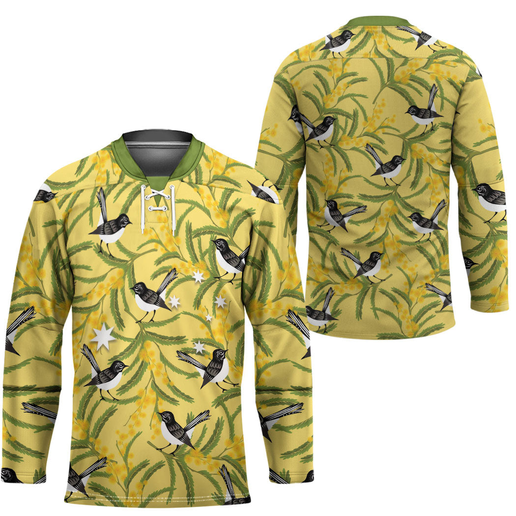 Australia Wattle Day Hockey Jersey Acacia Pycnantha Willie Wagtail Seamless Style
