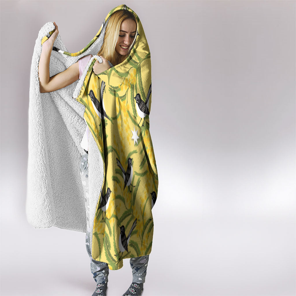 Australia Wattle Day Hooded Blanket Acacia Pycnantha Willie Wagtail Seamless Style