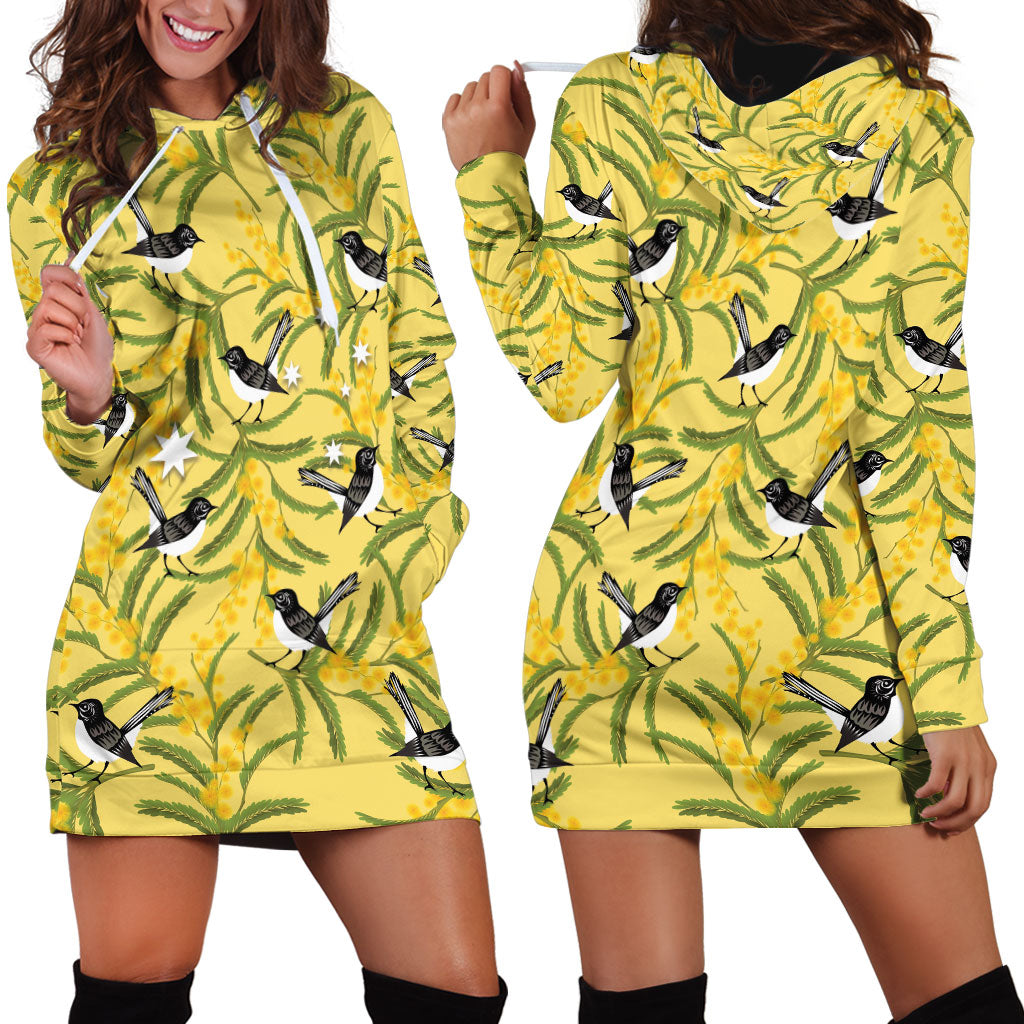 Australia Wattle Day Hoodie Dress Acacia Pycnantha Willie Wagtail Seamless Style