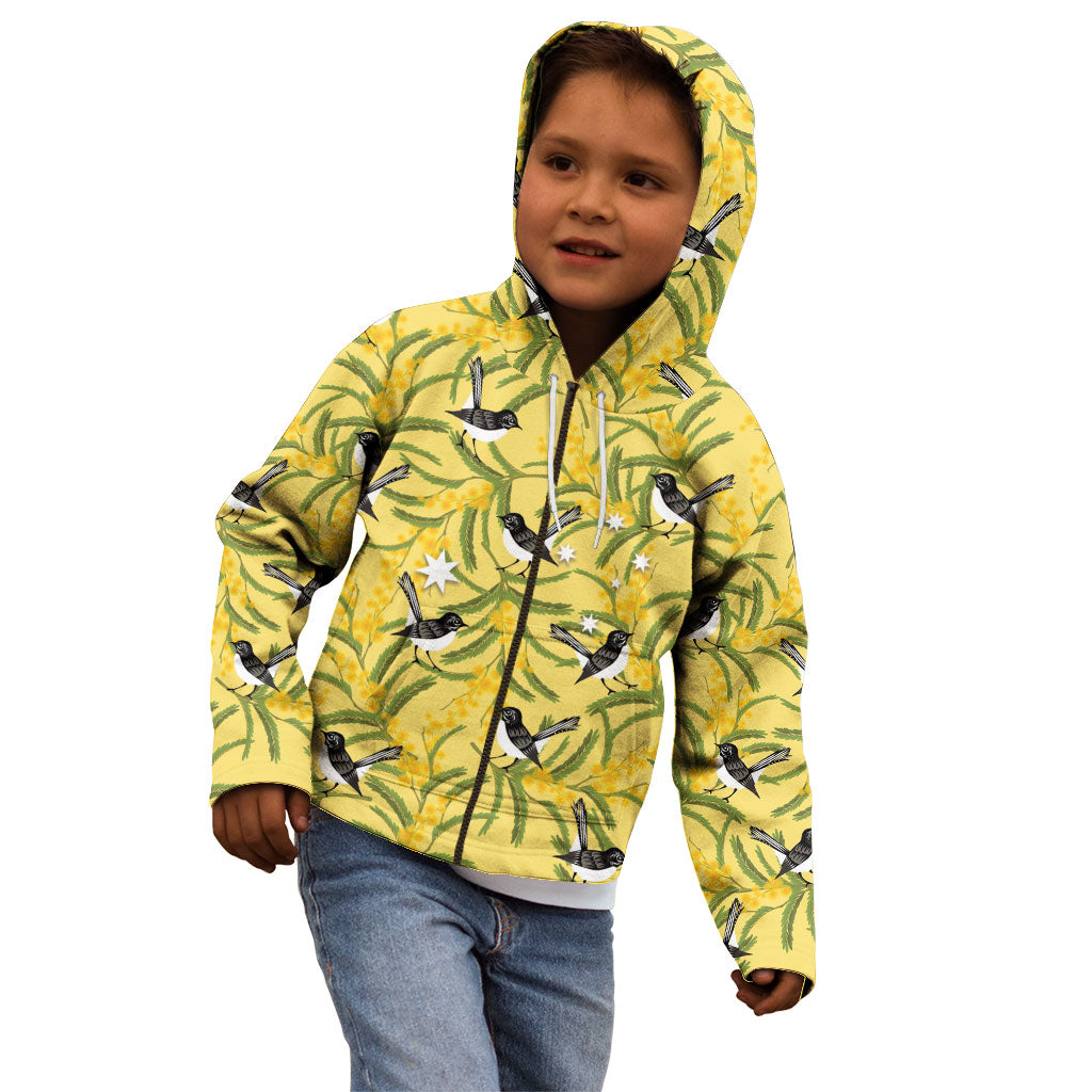 Australia Wattle Day Kid Hoodie Acacia Pycnantha Willie Wagtail Seamless Style