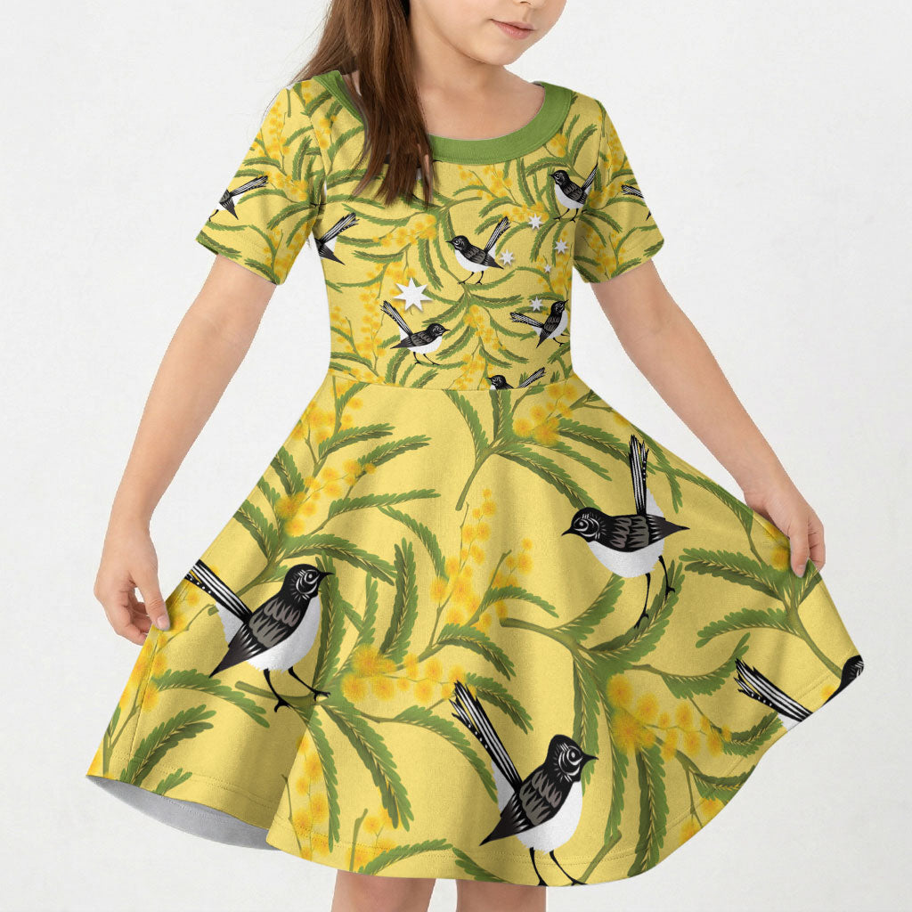 Australia Wattle Day Kid Short Sleeve Dress Acacia Pycnantha Willie Wagtail Seamless Style