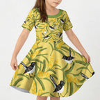 Australia Wattle Day Kid Short Sleeve Dress Acacia Pycnantha Willie Wagtail Seamless Style