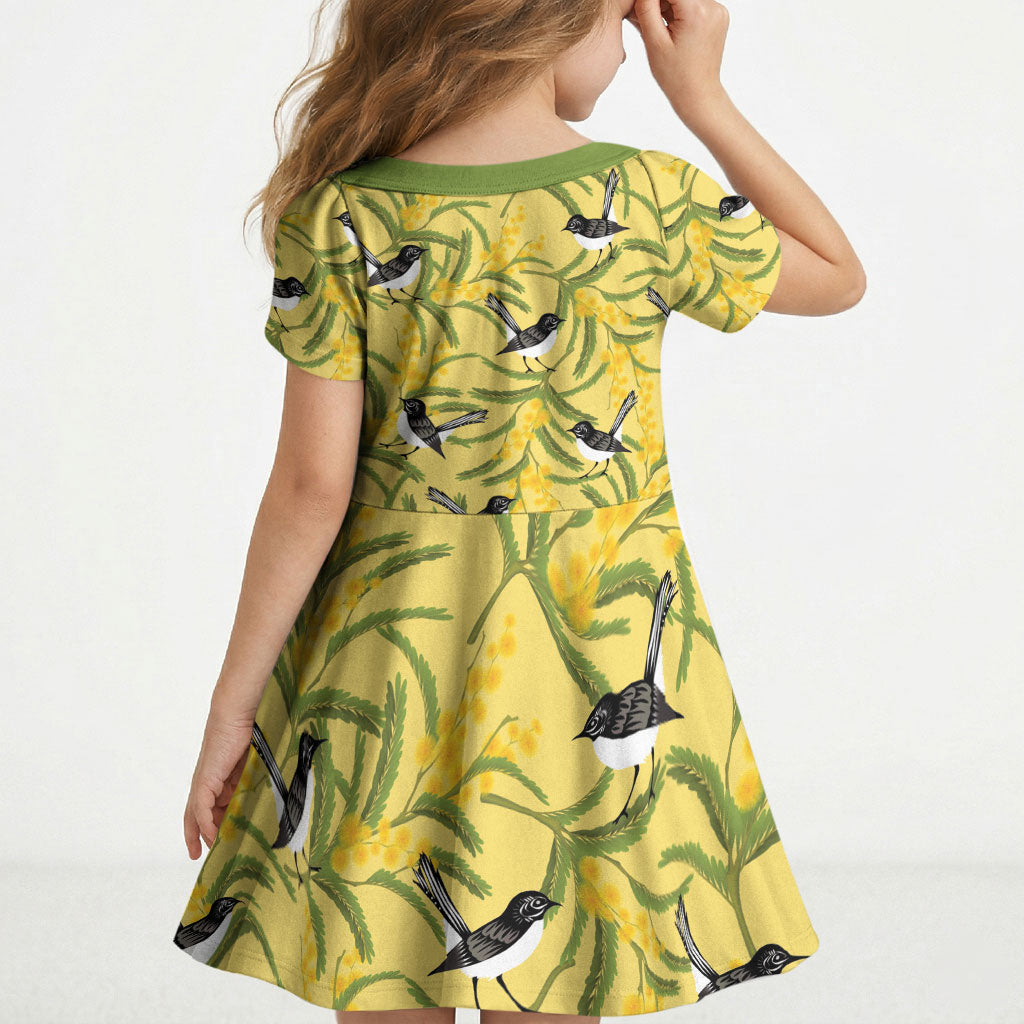 Australia Wattle Day Kid Short Sleeve Dress Acacia Pycnantha Willie Wagtail Seamless Style