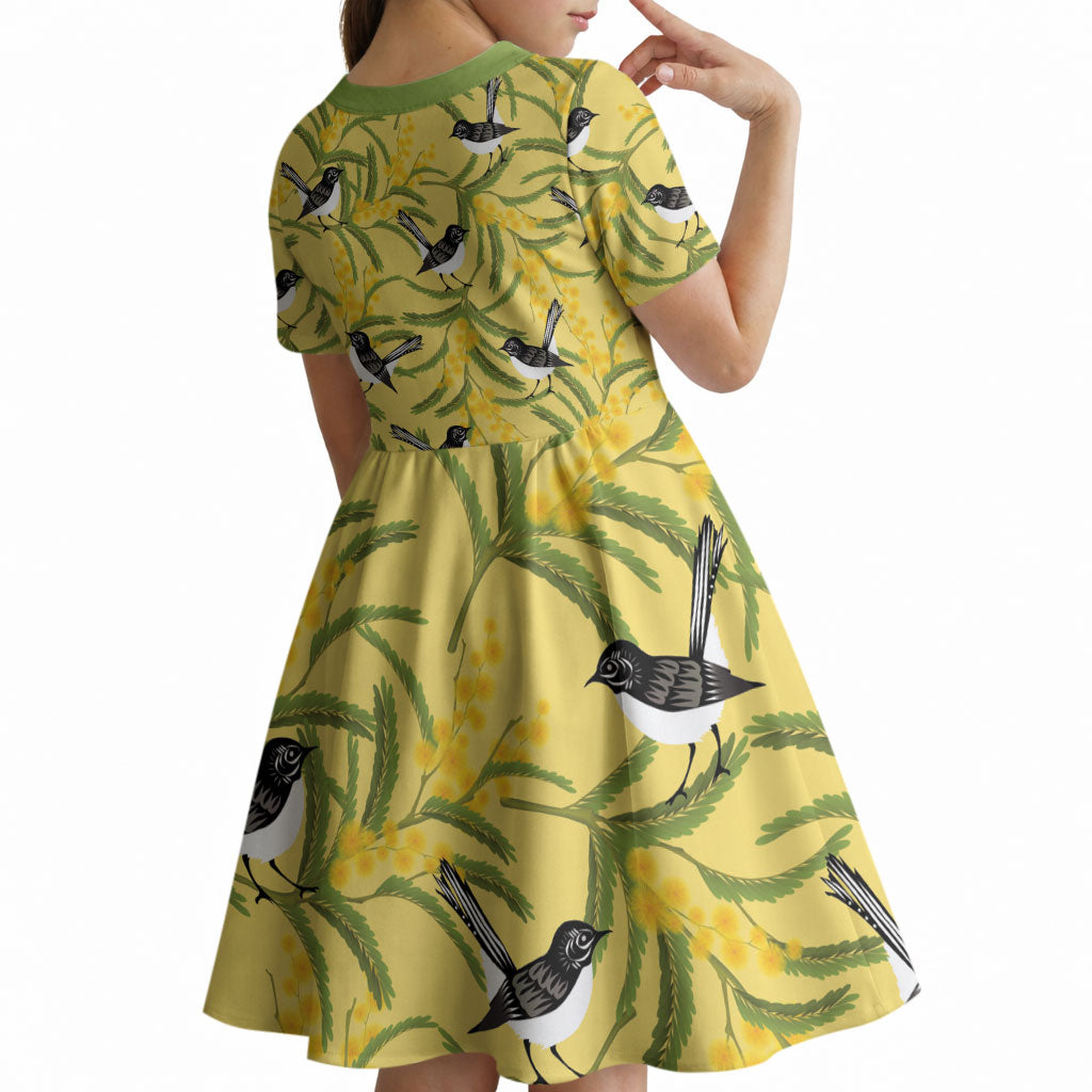 Australia Wattle Day Kid Short Sleeve Dress Acacia Pycnantha Willie Wagtail Seamless Style