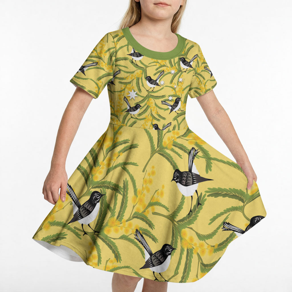 Australia Wattle Day Kid Short Sleeve Dress Acacia Pycnantha Willie Wagtail Seamless Style
