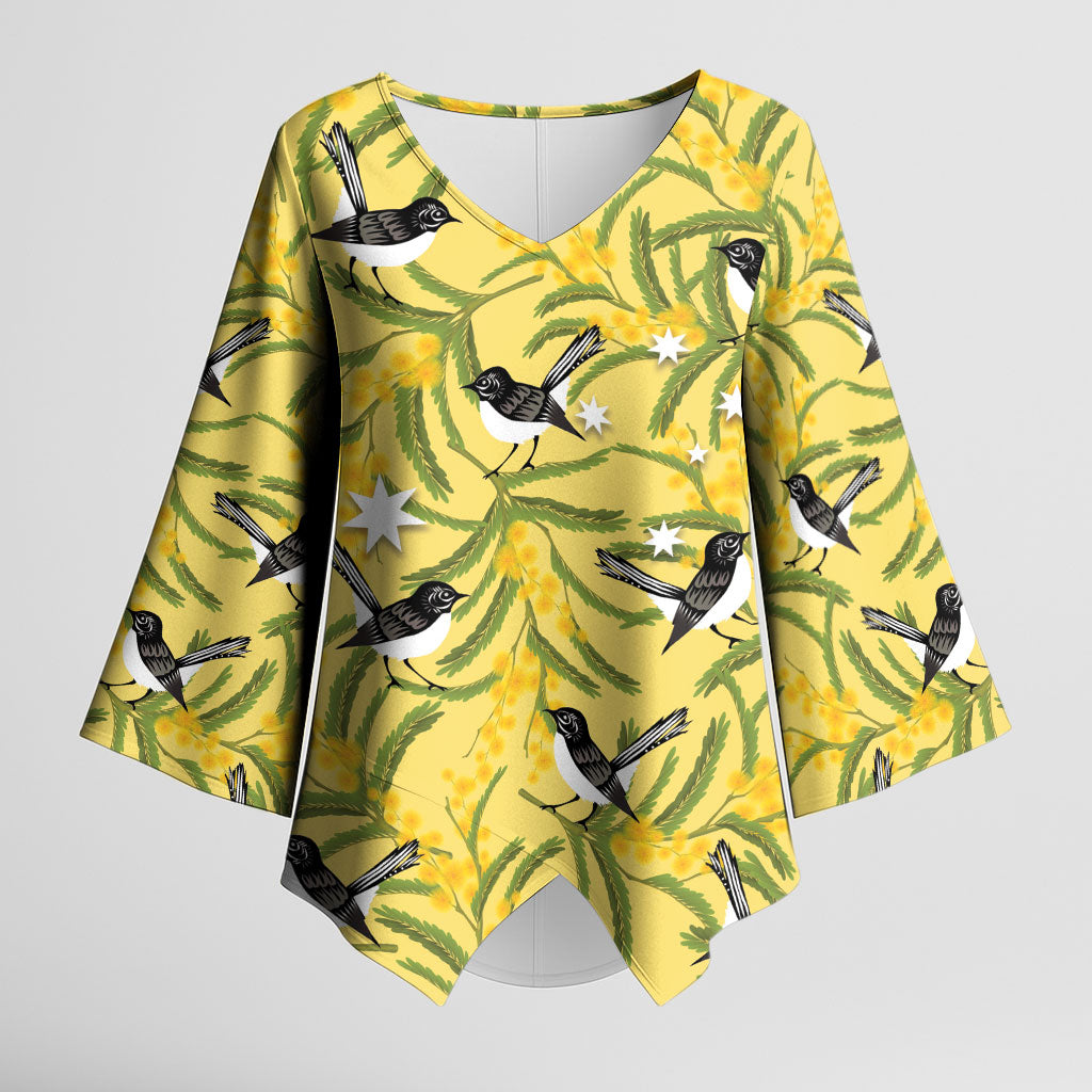 Australia Wattle Day Kimono Sleeve Blouse Acacia Pycnantha Willie Wagtail Seamless Style