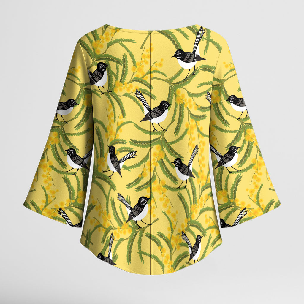 Australia Wattle Day Kimono Sleeve Blouse Acacia Pycnantha Willie Wagtail Seamless Style
