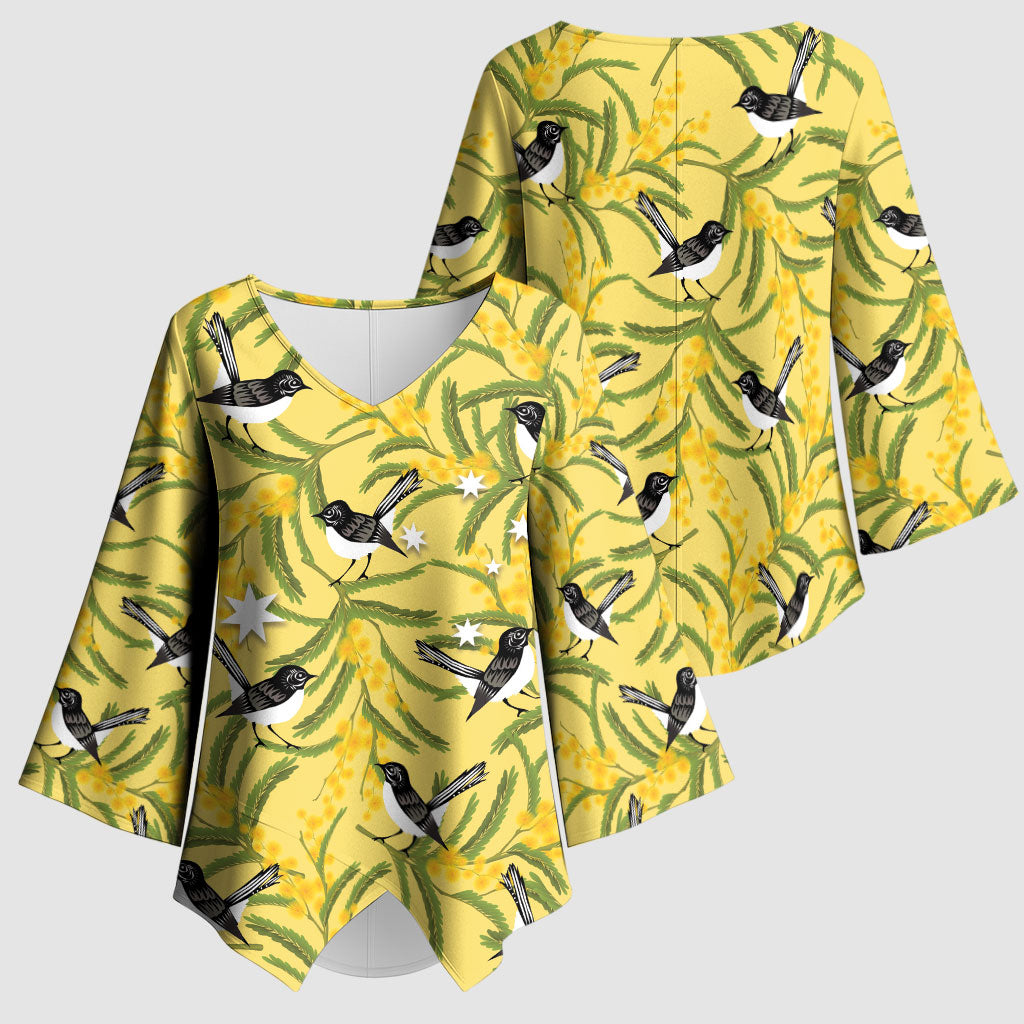 Australia Wattle Day Kimono Sleeve Blouse Acacia Pycnantha Willie Wagtail Seamless Style
