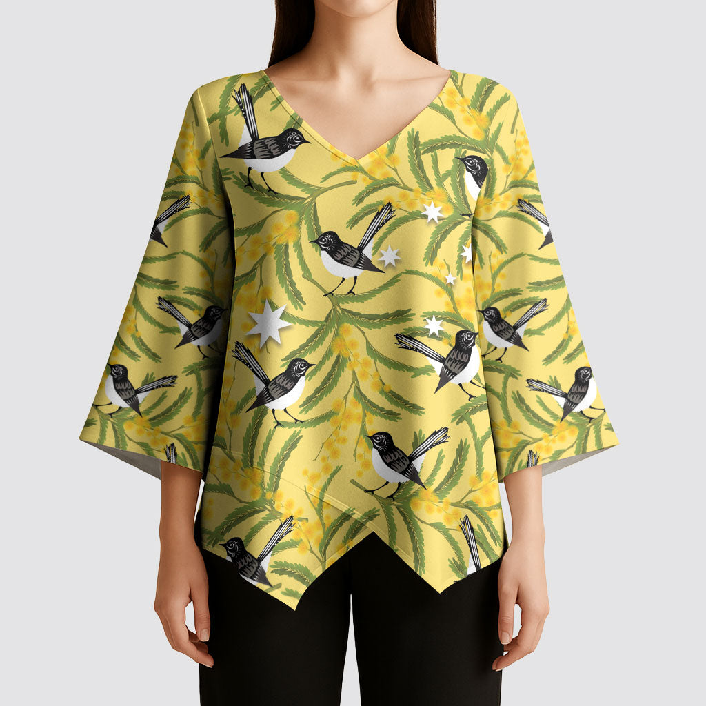 Australia Wattle Day Kimono Sleeve Blouse Acacia Pycnantha Willie Wagtail Seamless Style