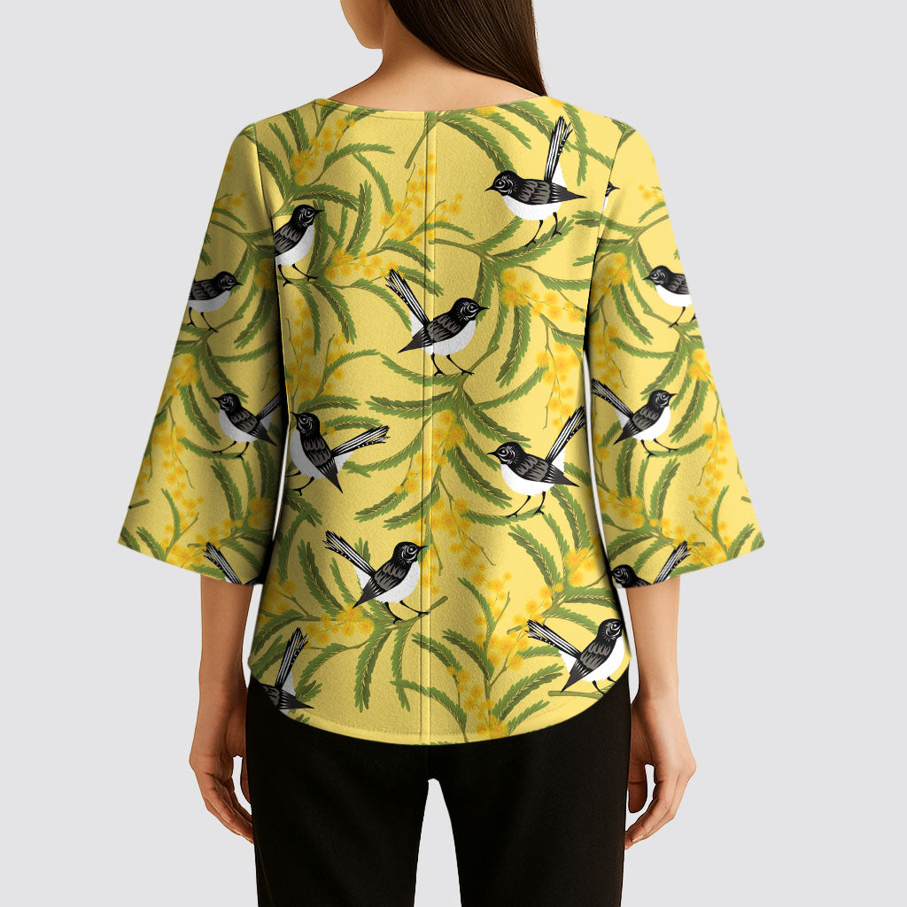 Australia Wattle Day Kimono Sleeve Blouse Acacia Pycnantha Willie Wagtail Seamless Style