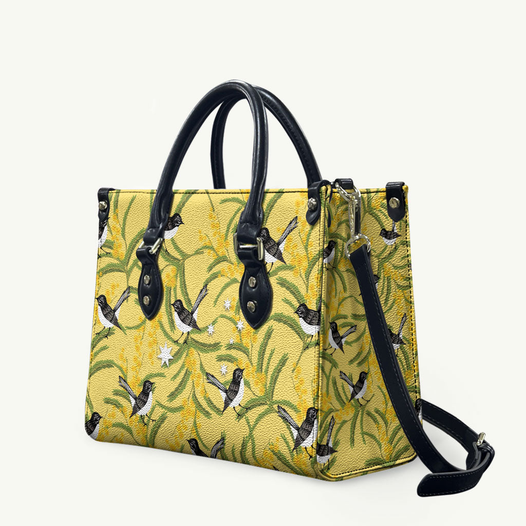 Australia Wattle Day Leather Bag Acacia Pycnantha Willie Wagtail Seamless Style
