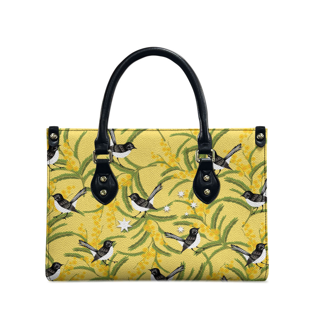 Australia Wattle Day Leather Bag Acacia Pycnantha Willie Wagtail Seamless Style