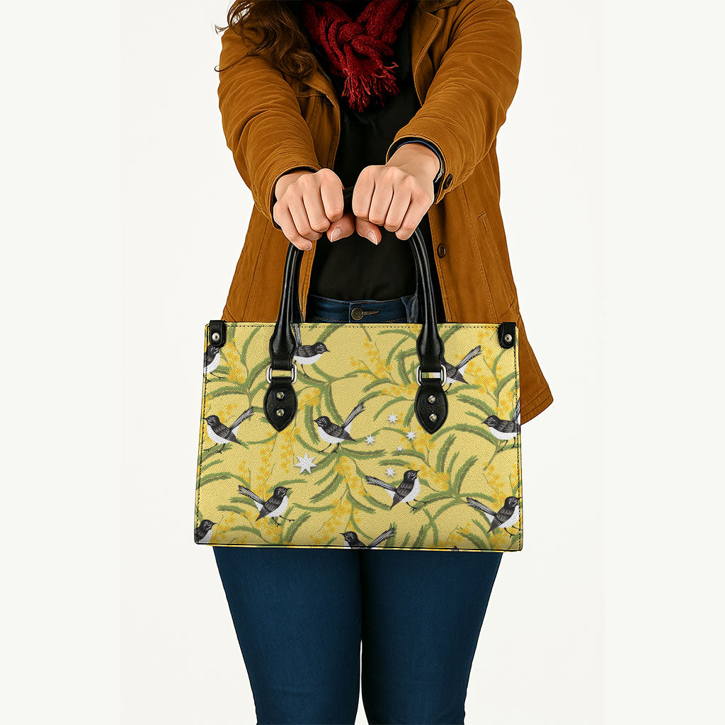 Australia Wattle Day Leather Bag Acacia Pycnantha Willie Wagtail Seamless Style