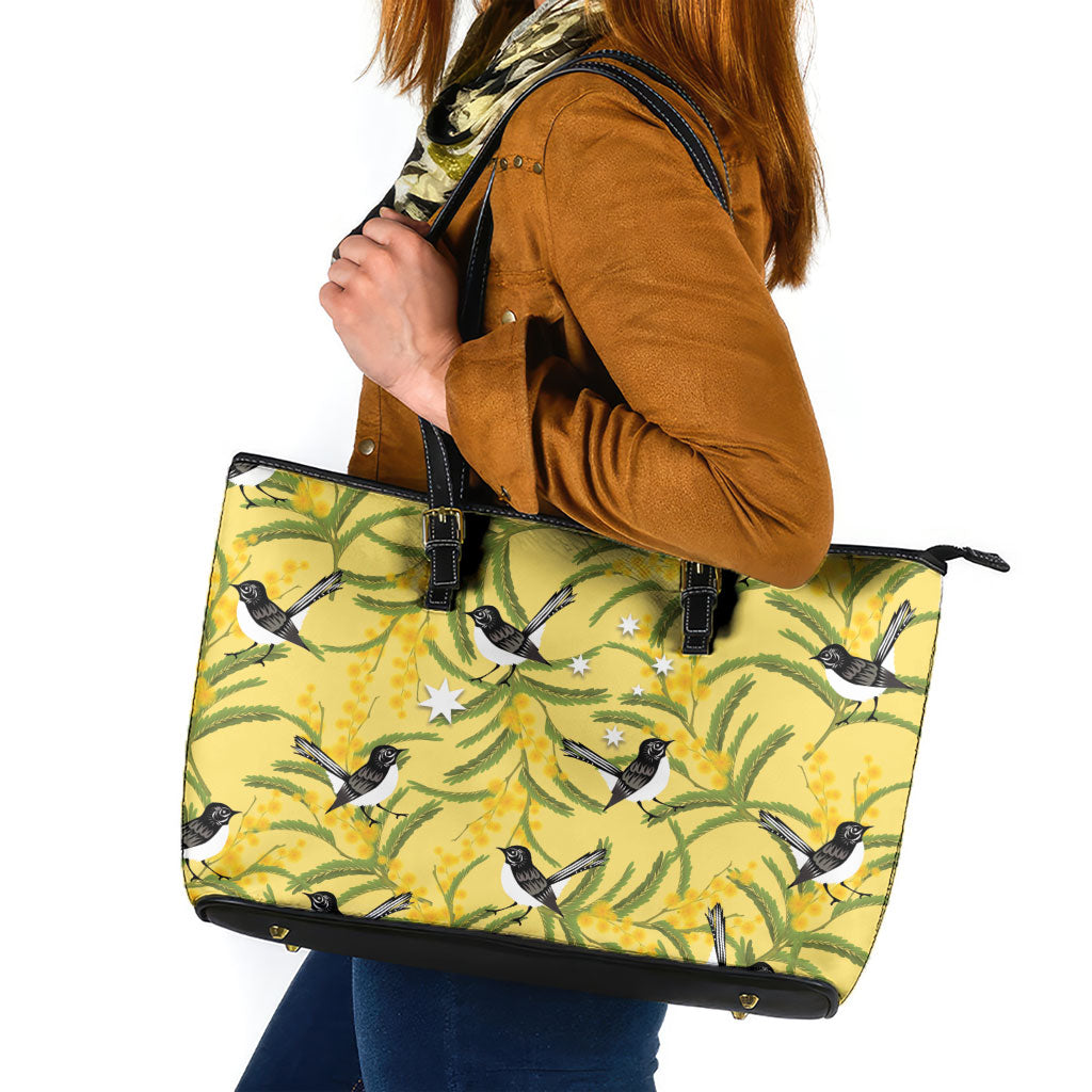 Australia Wattle Day Leather Tote Bag Acacia Pycnantha Willie Wagtail Seamless Style