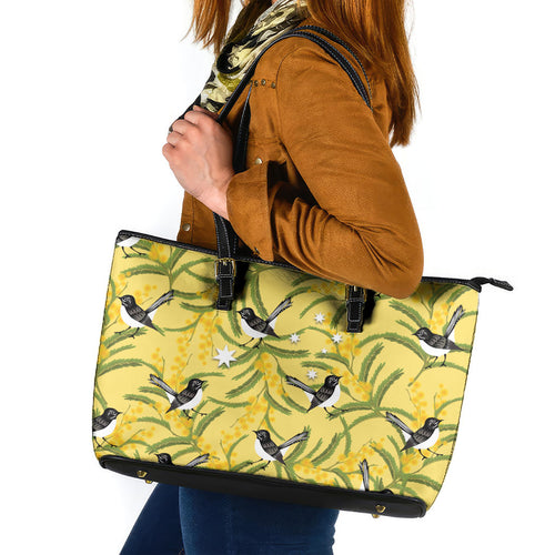 Australia Wattle Day Leather Tote Bag Acacia Pycnantha Willie Wagtail Seamless Style