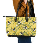 Australia Wattle Day Leather Tote Bag Acacia Pycnantha Willie Wagtail Seamless Style