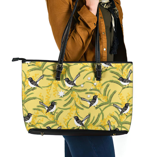 Australia Wattle Day Leather Tote Bag Acacia Pycnantha Willie Wagtail Seamless Style