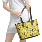 Australia Wattle Day Leather Tote Bag Acacia Pycnantha Willie Wagtail Seamless Style