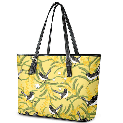 Australia Wattle Day Leather Tote Bag Acacia Pycnantha Willie Wagtail Seamless Style