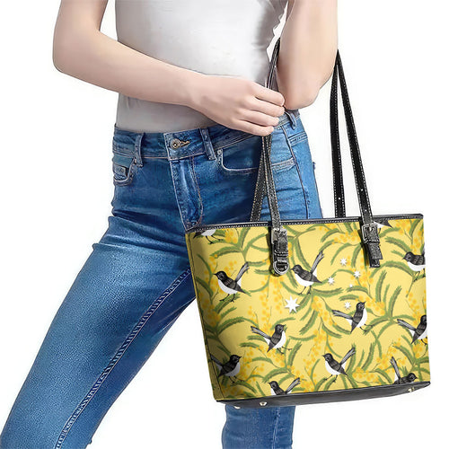 Australia Wattle Day Leather Tote Bag Acacia Pycnantha Willie Wagtail Seamless Style