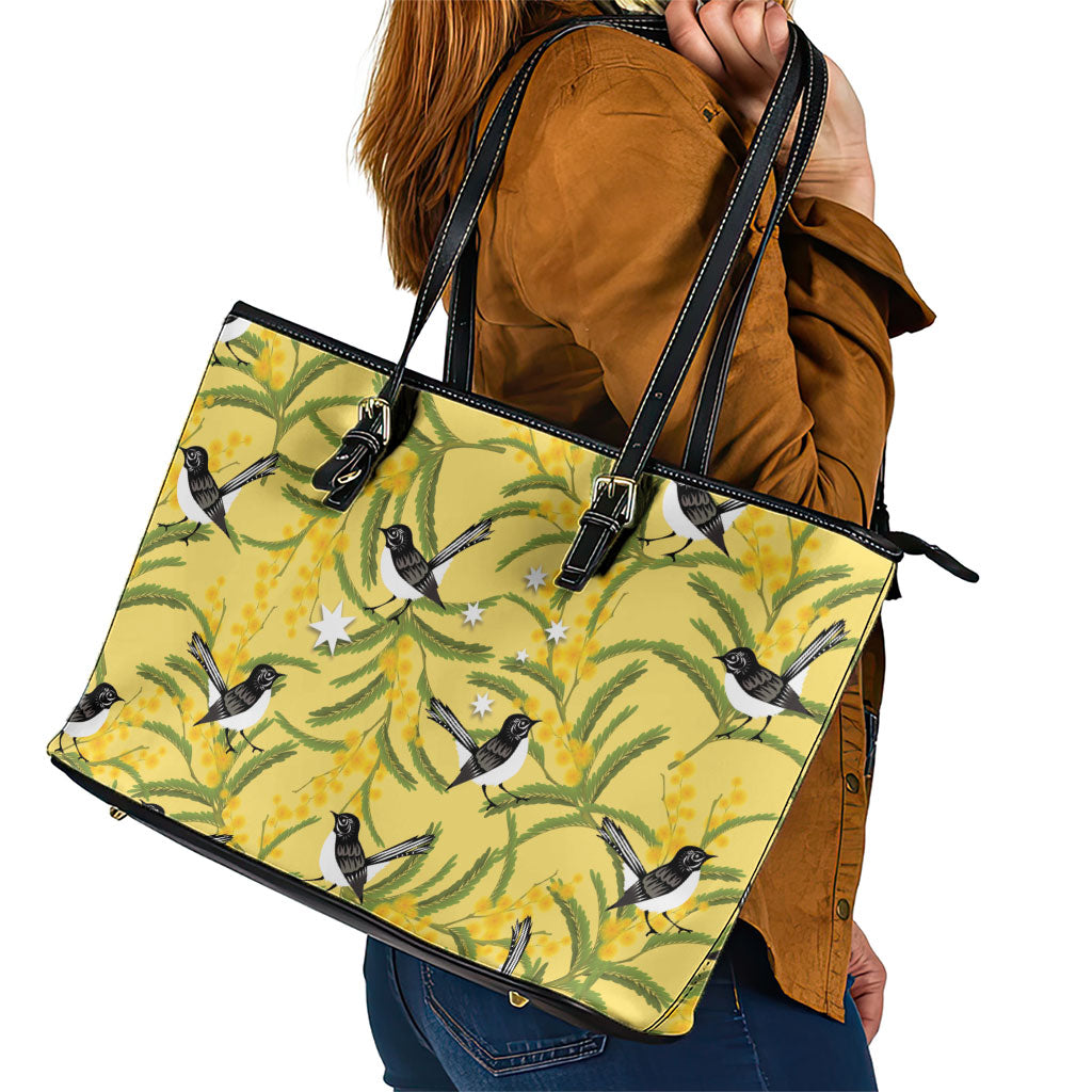 Australia Wattle Day Leather Tote Bag Acacia Pycnantha Willie Wagtail Seamless Style