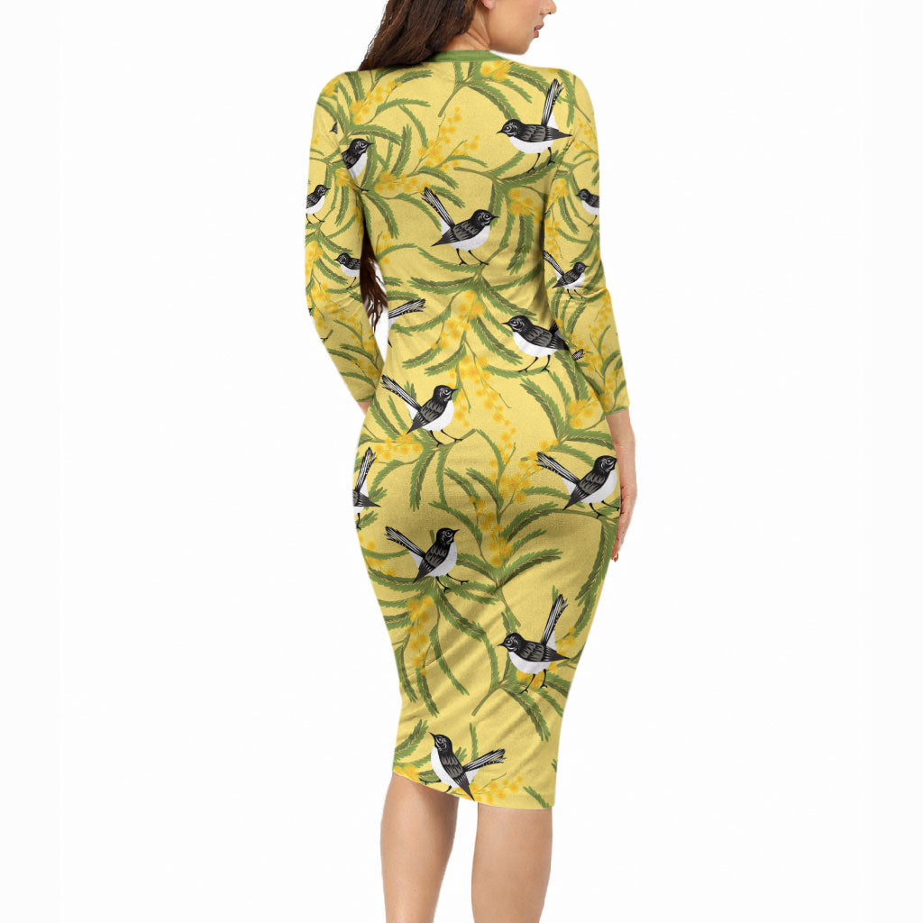 Australia Wattle Day Long Sleeve Bodycon Dress Acacia Pycnantha Willie Wagtail Seamless Style