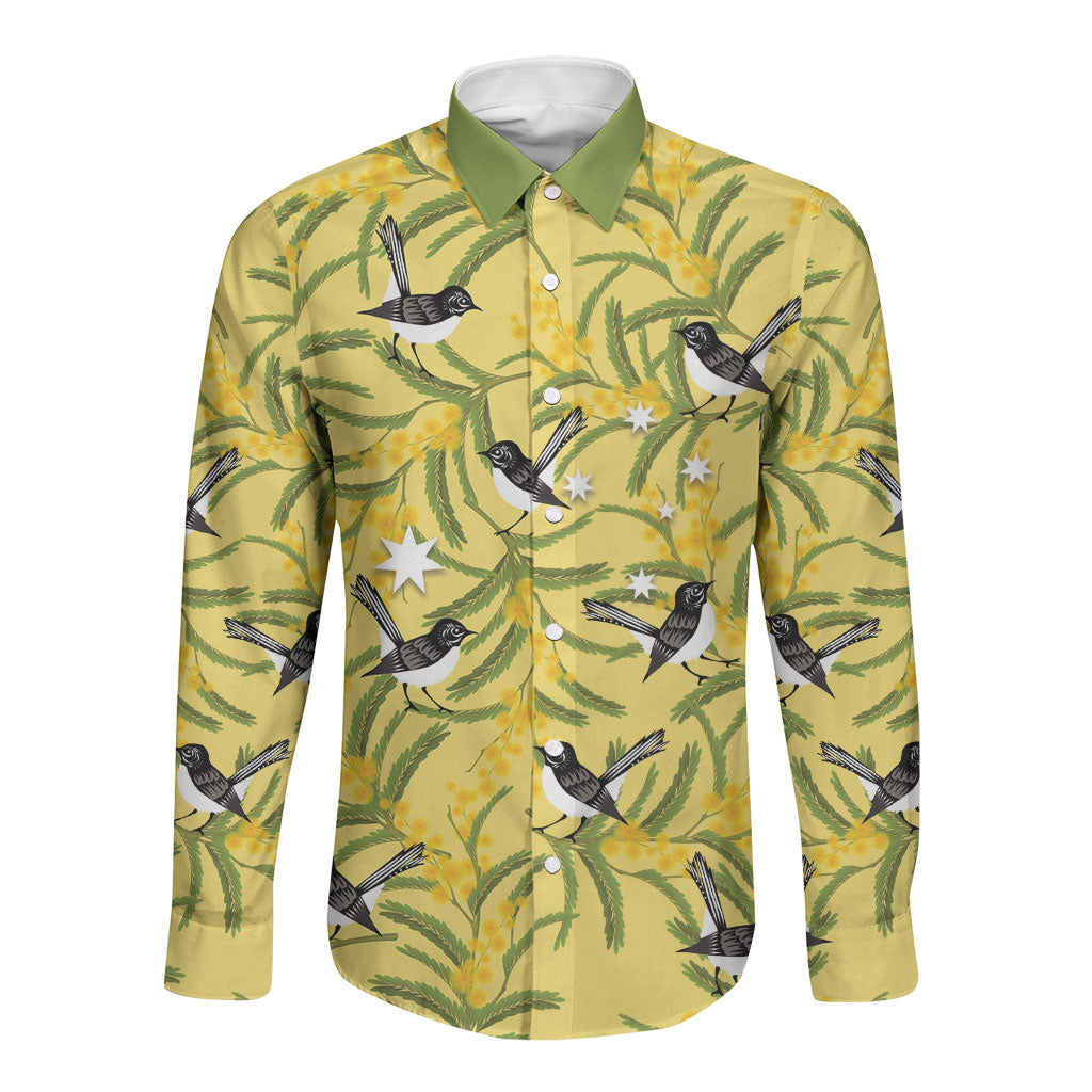 Australia Wattle Day Long Sleeve Button Shirt Acacia Pycnantha Willie Wagtail Seamless Style