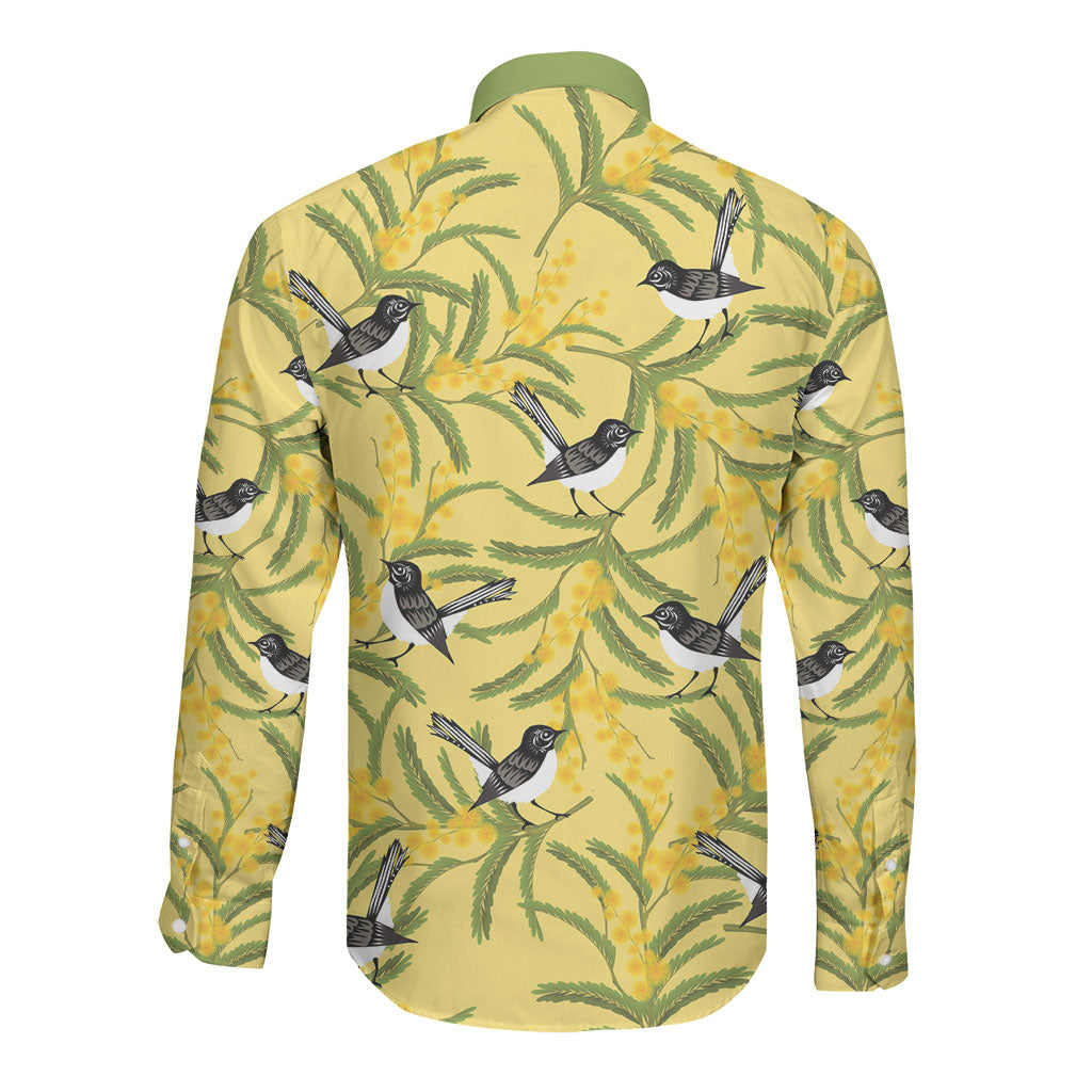 Australia Wattle Day Long Sleeve Button Shirt Acacia Pycnantha Willie Wagtail Seamless Style