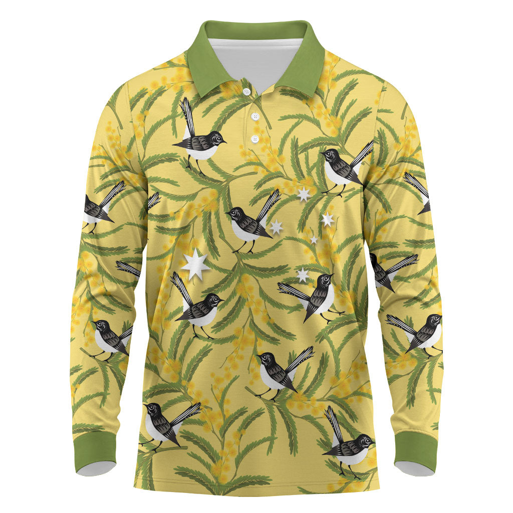 Australia Wattle Day Long Sleeve Polo Shirt Acacia Pycnantha Willie Wagtail Seamless Style