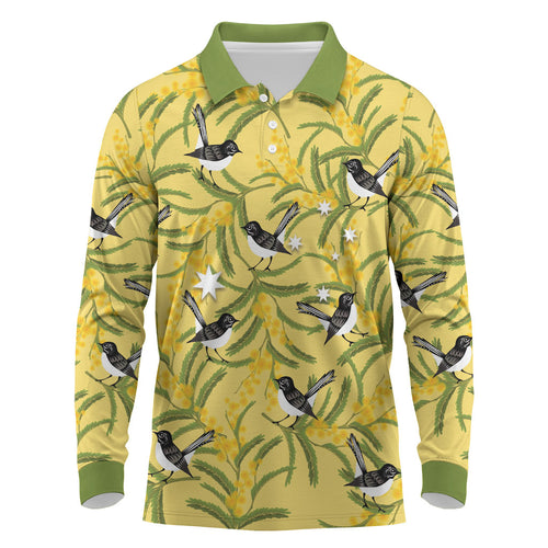 Australia Wattle Day Long Sleeve Polo Shirt Acacia Pycnantha Willie Wagtail Seamless Style