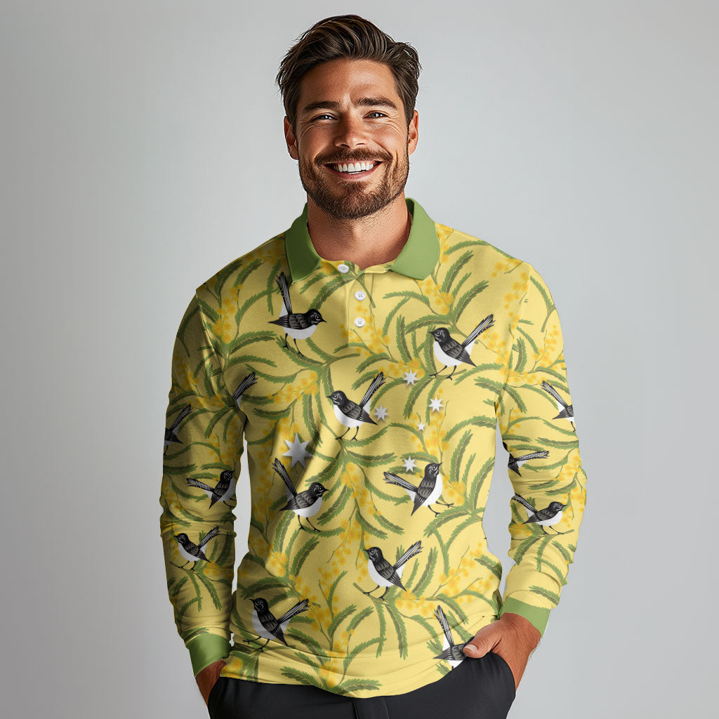 Australia Wattle Day Long Sleeve Polo Shirt Acacia Pycnantha Willie Wagtail Seamless Style