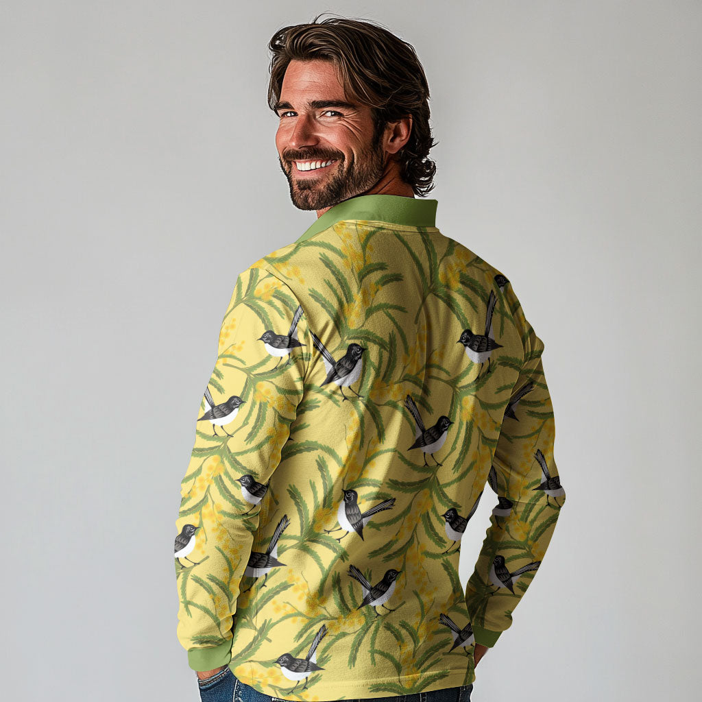 Australia Wattle Day Long Sleeve Polo Shirt Acacia Pycnantha Willie Wagtail Seamless Style