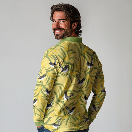 Australia Wattle Day Long Sleeve Polo Shirt Acacia Pycnantha Willie Wagtail Seamless Style
