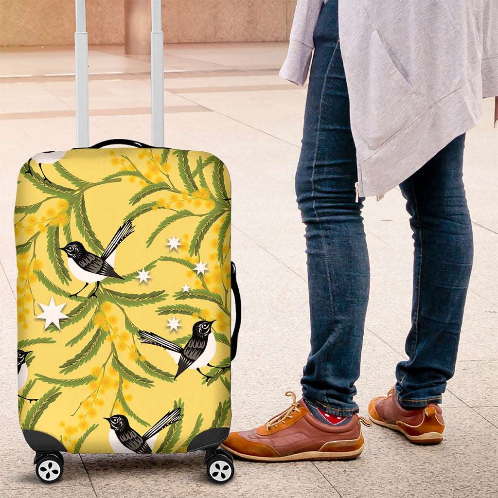 Australia Wattle Day Luggage Cover Acacia Pycnantha Willie Wagtail Seamless Style