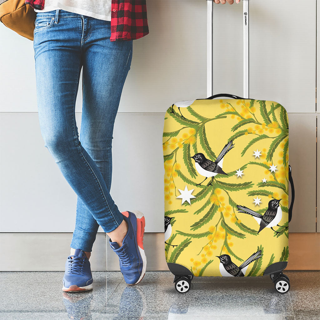 Australia Wattle Day Luggage Cover Acacia Pycnantha Willie Wagtail Seamless Style