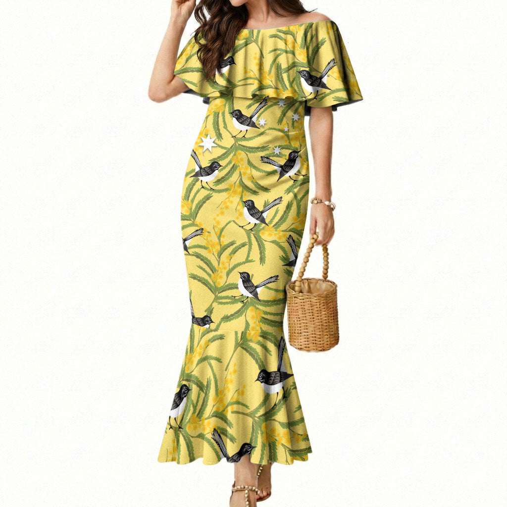 Australia Wattle Day Mermaid Dress Acacia Pycnantha Willie Wagtail Seamless Style