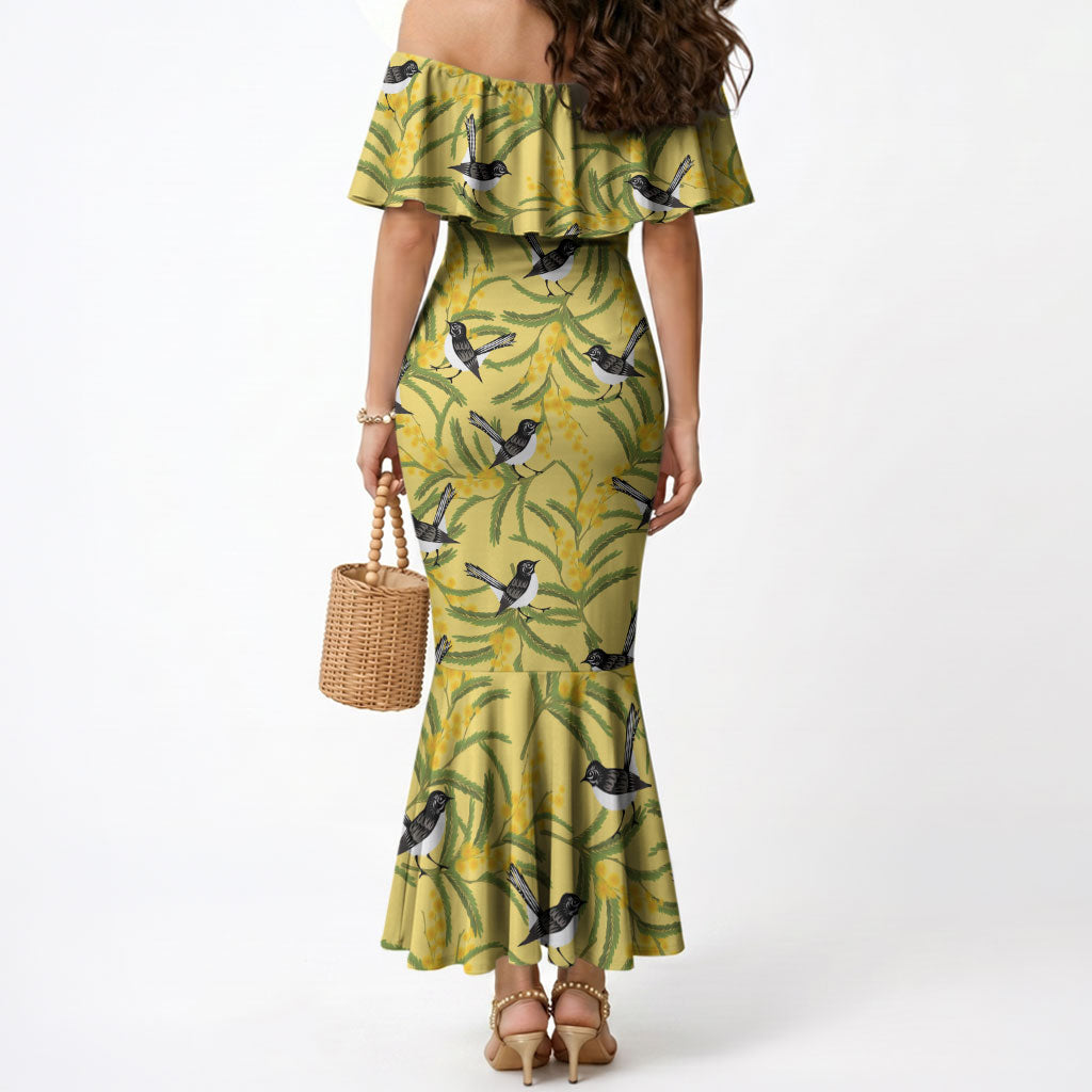 Australia Wattle Day Mermaid Dress Acacia Pycnantha Willie Wagtail Seamless Style