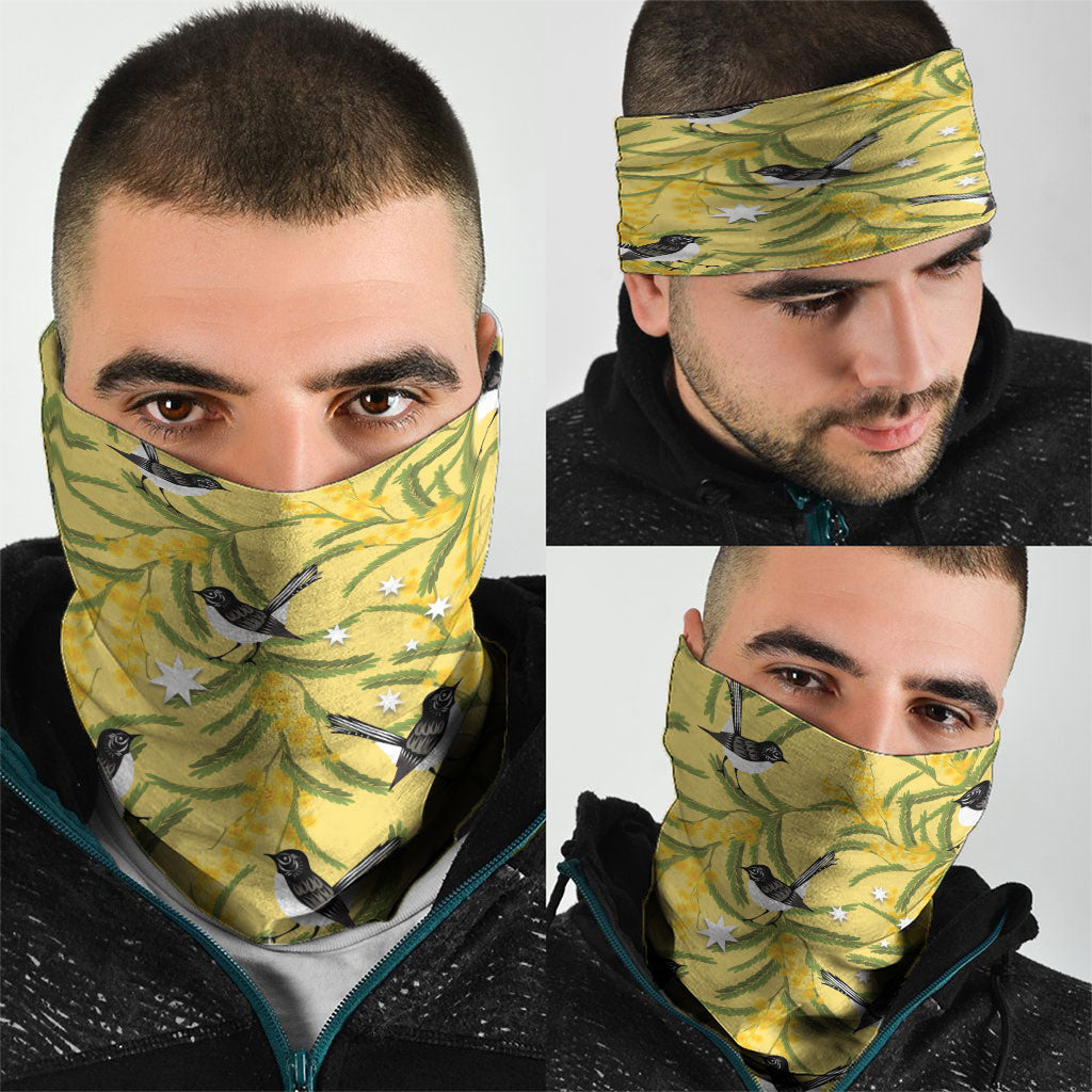 Australia Wattle Day Neck Gaiter Acacia Pycnantha Willie Wagtail Seamless Style