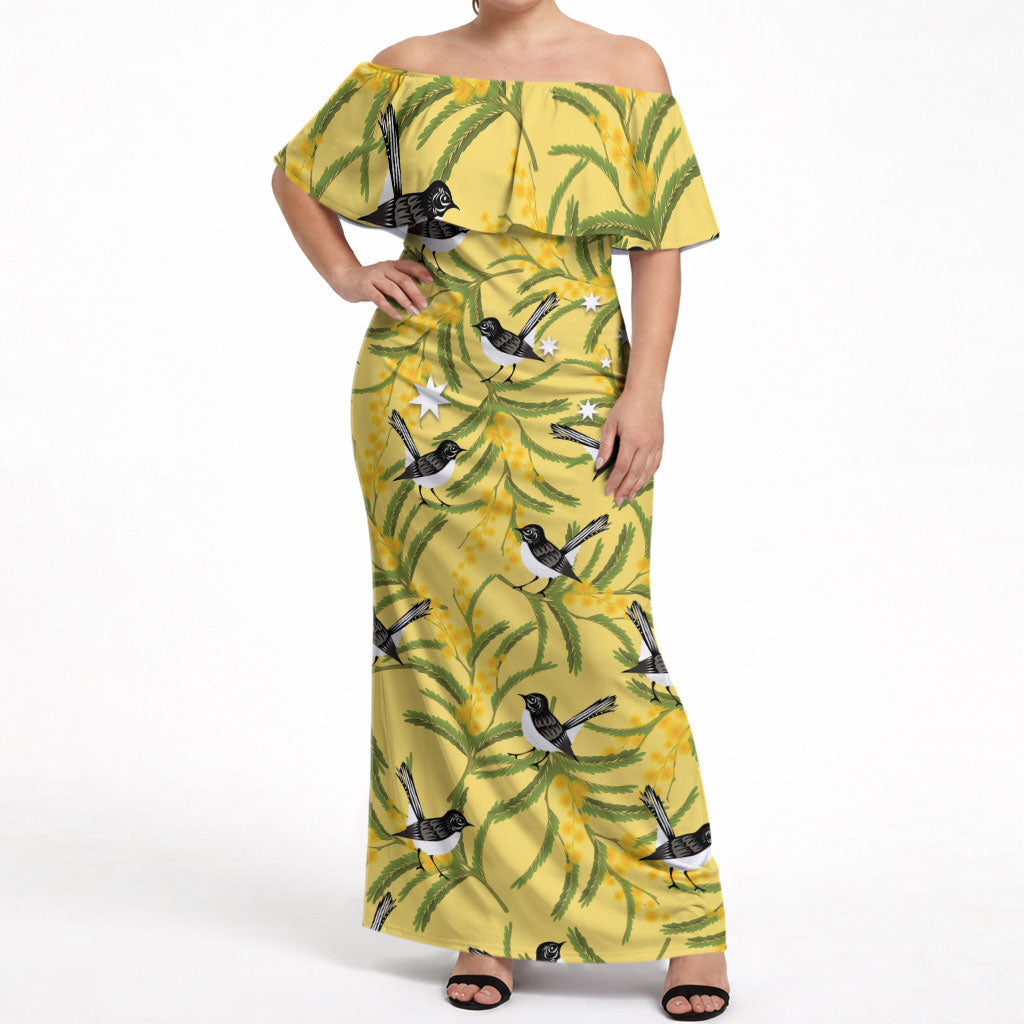 Australia Wattle Day Off Shoulder Maxi Dress Acacia Pycnantha Willie Wagtail Seamless Style