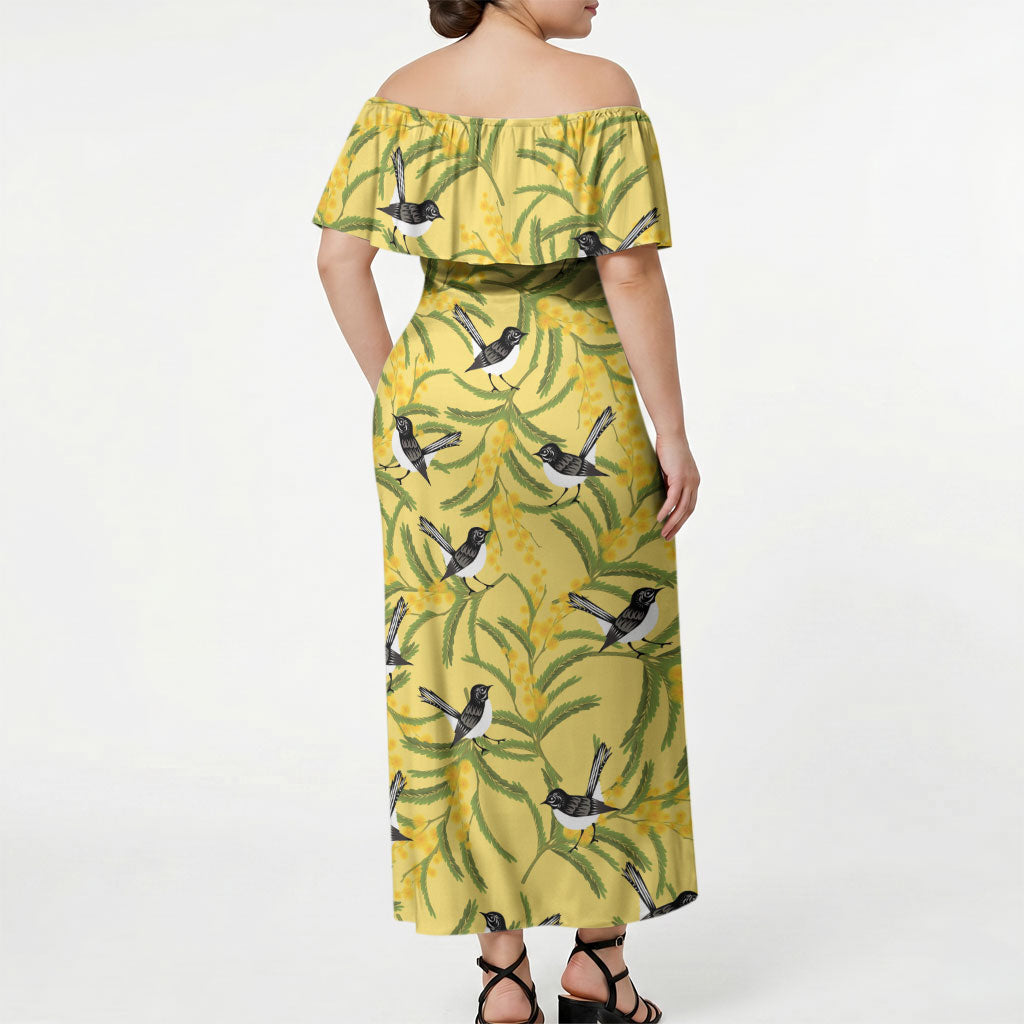 Australia Wattle Day Off Shoulder Maxi Dress Acacia Pycnantha Willie Wagtail Seamless Style