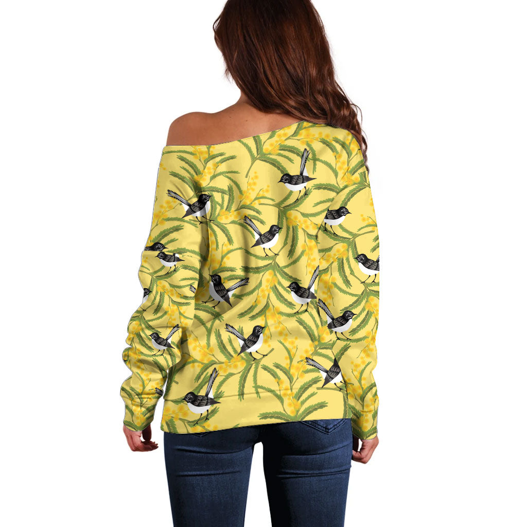 Australia Wattle Day Off Shoulder Sweater Acacia Pycnantha Willie Wagtail Seamless Style